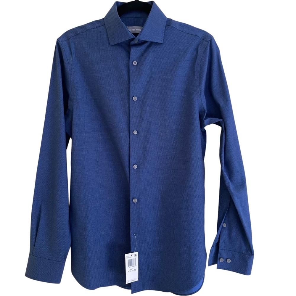Michael Kors Navy Blue Slim Fit Airsoft Stretch Button Down Shirt 14.5